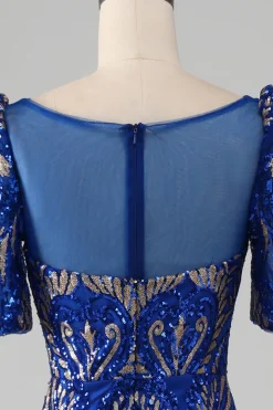 Mermaid Royal Blue Sparkly Prom Dress with Short Sleeves