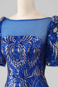 Mermaid Royal Blue Sparkly Prom Dress with Short Sleeves