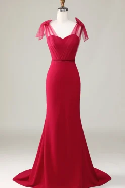Mermaid Satin Burgundy Long Bridesmaid Dress with Bows