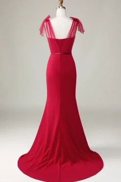 Mermaid Satin Burgundy Long Bridesmaid Dress with Bows