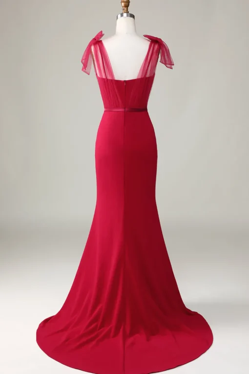 Mermaid Satin Burgundy Long Bridesmaid Dress with Bows