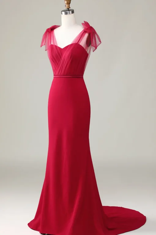 Mermaid Satin Burgundy Long Bridesmaid Dress with Bows