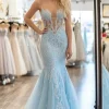 Mermaid Sky Blue Sweetheart Tulle Appliqued Prom Dress