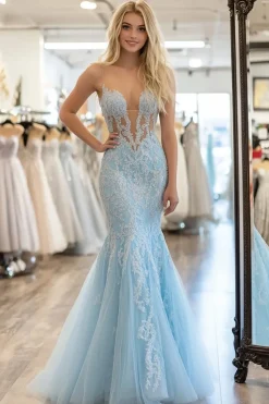 Mermaid Sky Blue Sweetheart Tulle Appliqued Prom Dress