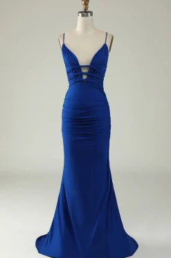 Mermaid Spaghetti Straps Royal Blue Plus Size Prom Dress with Criss Cross Back