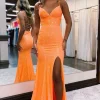 Mermaid Spaghetti Straps Orange Sparkly Prom Dress with Sequins
