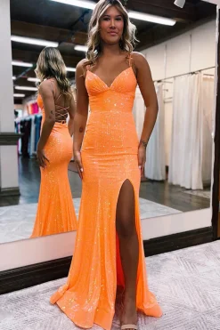 Mermaid Spaghetti Straps Orange Sparkly Prom Dress with Sequins