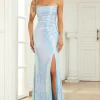 Mermaid Spaghetti Straps Blue Sequins Long Prom Dress with Split Front