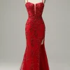 Mermaid Spaghetti Straps Red Sequins Long Prom Dress with Split Front