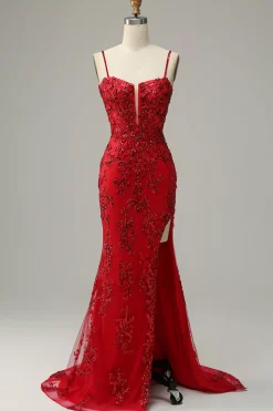 Mermaid Spaghetti Straps Red Sequins Long Prom Dress with Split Front