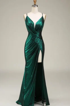 Mermaid Spaghetti Straps Dark Green Long Prom Dress with Open Back