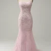 Mermaid Spaghetti Straps Light Pink Long Prom Dress with Appliques