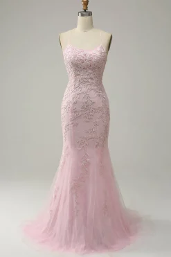 Mermaid Spaghetti Straps Light Pink Long Prom Dress with Appliques