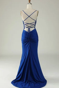 Mermaid Spaghetti Straps Royal Blue Plus Size Prom Dress with Criss Cross Back