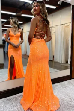Mermaid Spaghetti Straps Orange Sparkly Prom Dress with Sequins