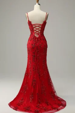 Mermaid Spaghetti Straps Red Sequins Long Prom Dress with Split Front