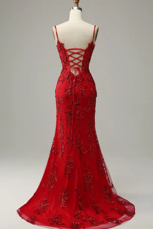 Mermaid Spaghetti Straps Red Sequins Long Prom Dress with Split Front