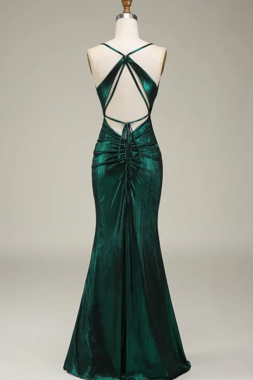 Mermaid Spaghetti Straps Dark Green Long Prom Dress with Open Back