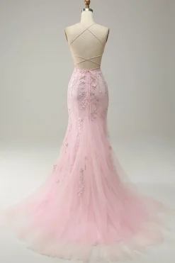 Mermaid Spaghetti Straps Light Pink Long Prom Dress with Appliques