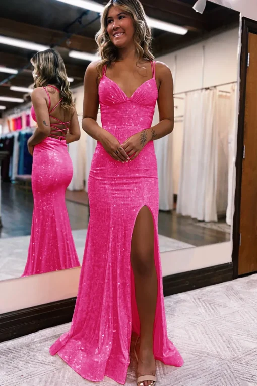 Mermaid Spaghetti Straps Orange Sparkly Prom Dress with Sequins