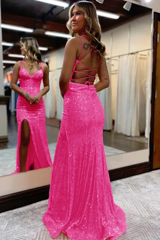 Mermaid Spaghetti Straps Orange Sparkly Prom Dress with Sequins