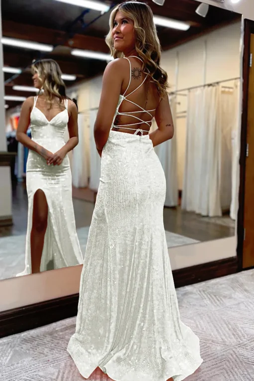 Mermaid Spaghetti Straps Orange Sparkly Prom Dress with Sequins