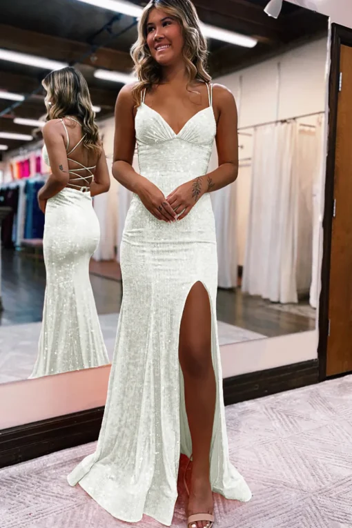 Mermaid Spaghetti Straps Orange Sparkly Prom Dress with Sequins