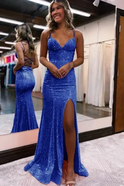 Mermaid Spaghetti Straps Orange Sparkly Prom Dress with Sequins