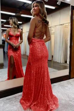 Mermaid Spaghetti Straps Orange Sparkly Prom Dress with Sequins