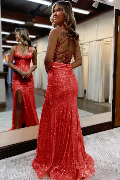 Mermaid Spaghetti Straps Orange Sparkly Prom Dress with Sequins