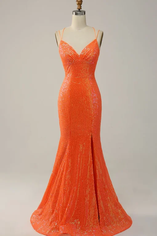 Mermaid Spaghetti Straps Orange Sparkly Prom Dress with Sequins