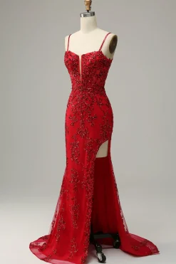 Mermaid Spaghetti Straps Red Sequins Long Prom Dress with Split Front