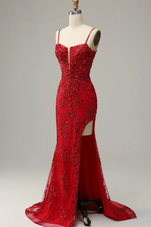 Mermaid Spaghetti Straps Red Sequins Long Prom Dress with Split Front