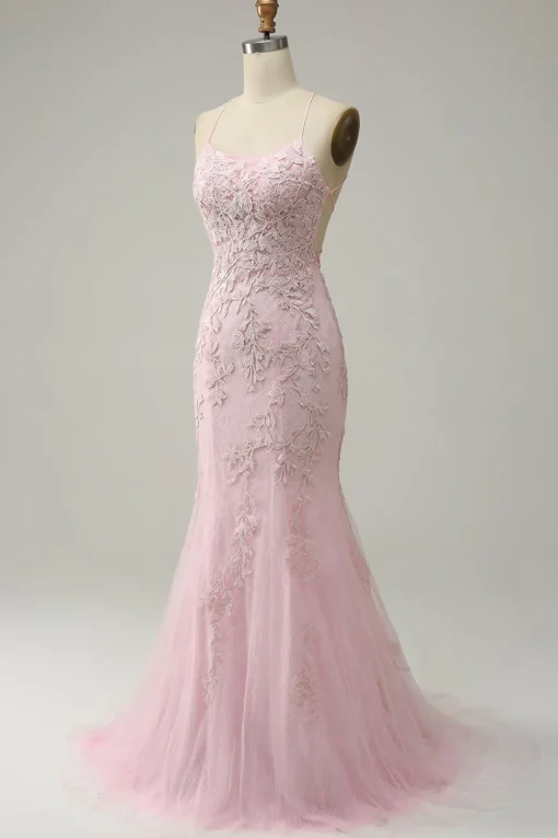 Mermaid Spaghetti Straps Light Pink Long Prom Dress with Appliques