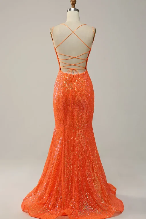 Mermaid Spaghetti Straps Orange Sparkly Prom Dress with Sequins