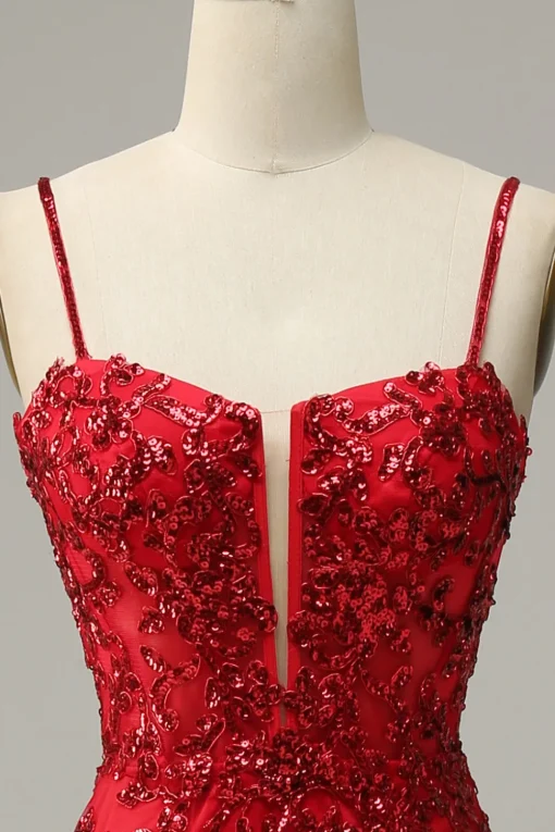 Mermaid Spaghetti Straps Red Sequins Long Prom Dress with Split Front