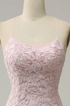 Mermaid Spaghetti Straps Light Pink Long Prom Dress with Appliques