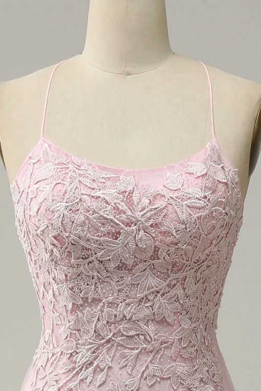 Mermaid Spaghetti Straps Light Pink Long Prom Dress with Appliques