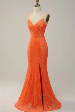 Mermaid Spaghetti Straps Orange Sparkly Prom Dress with Sequins
