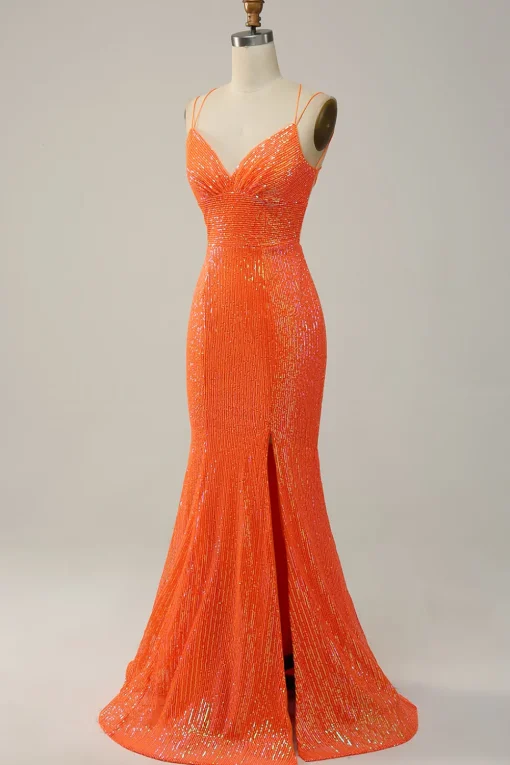 Mermaid Spaghetti Straps Orange Sparkly Prom Dress with Sequins
