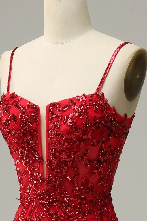 Mermaid Spaghetti Straps Red Sequins Long Prom Dress with Split Front