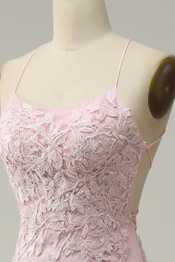 Mermaid Spaghetti Straps Light Pink Long Prom Dress with Appliques