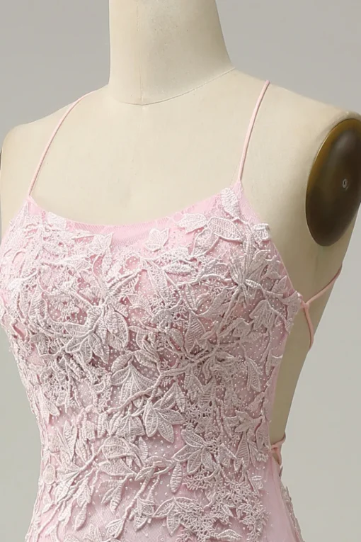 Mermaid Spaghetti Straps Light Pink Long Prom Dress with Appliques