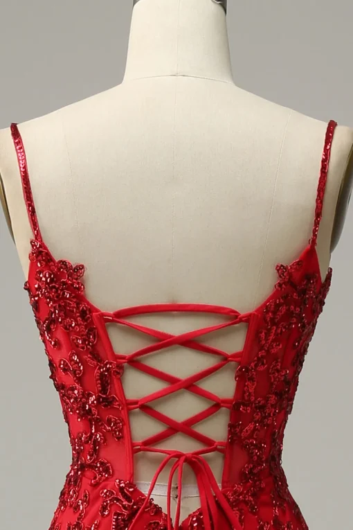 Mermaid Spaghetti Straps Red Sequins Long Prom Dress with Split Front