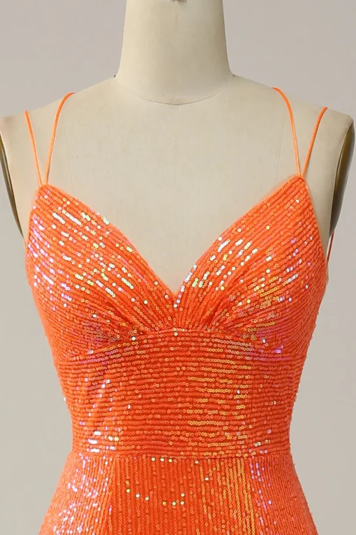 Mermaid Spaghetti Straps Orange Sparkly Prom Dress with Sequins