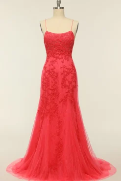 Mermaid Spaghetti Straps Light Pink Long Prom Dress with Appliques