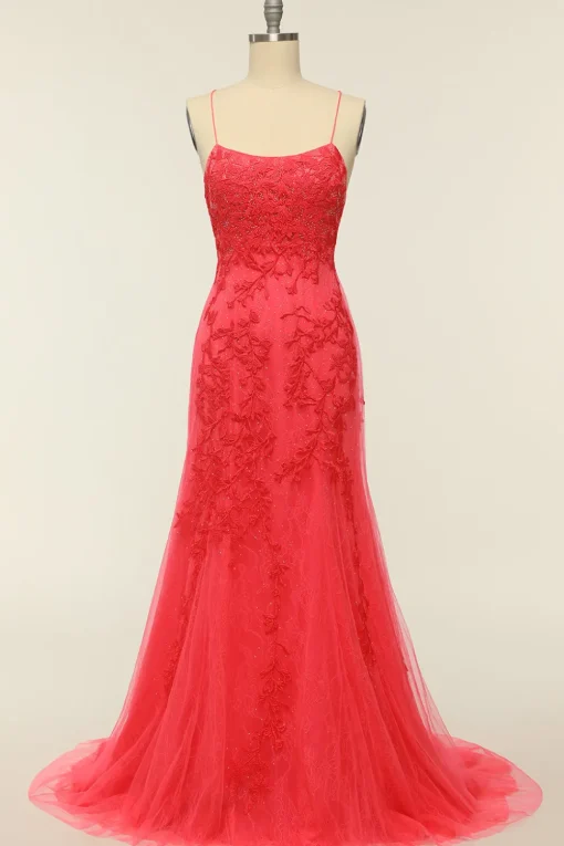Mermaid Spaghetti Straps Light Pink Long Prom Dress with Appliques