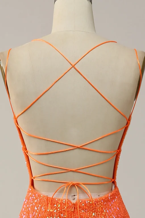 Mermaid Spaghetti Straps Orange Sparkly Prom Dress with Sequins
