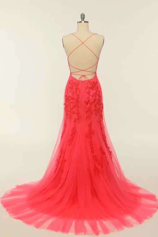 Mermaid Spaghetti Straps Light Pink Long Prom Dress with Appliques
