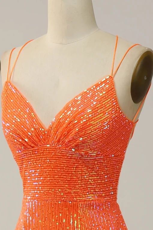 Mermaid Spaghetti Straps Orange Sparkly Prom Dress with Sequins